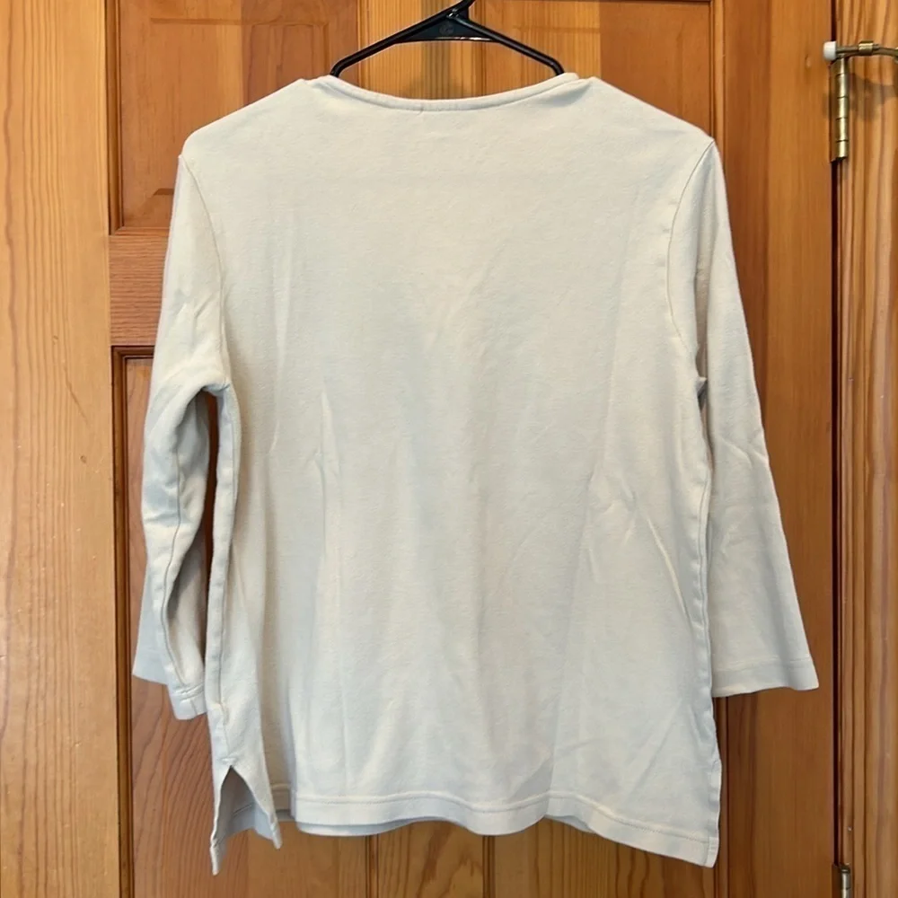Erika Cream 3/4 Sleeve Top with Scalloped Neckline and Chest Designs Size Medium - Picture 2 of 4